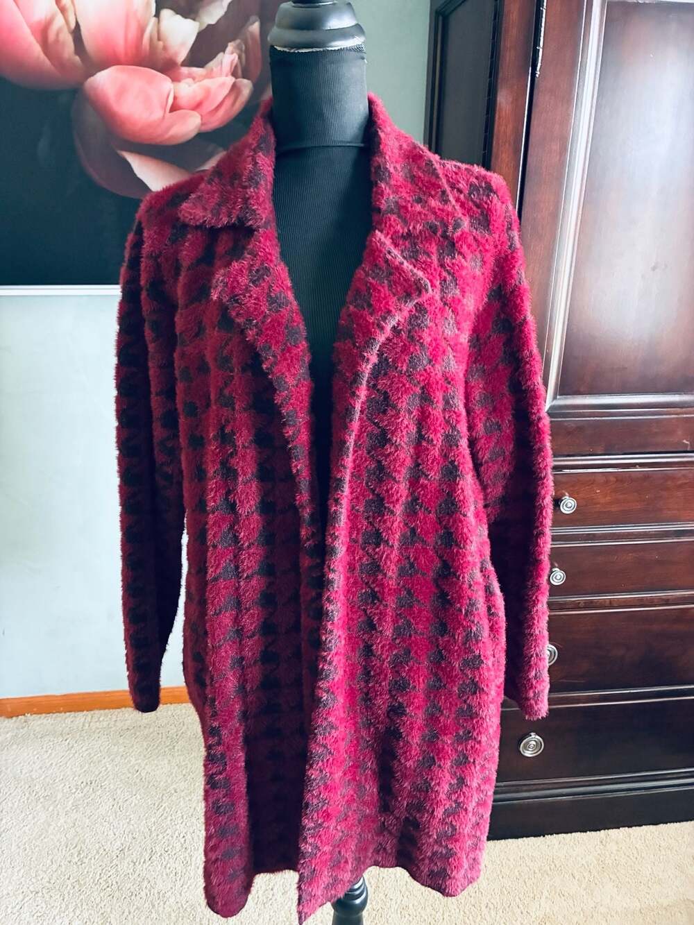 Liverpool Los Angeles Size L Fuzzy Houndstooth Open Front Cardigan Coat A499
